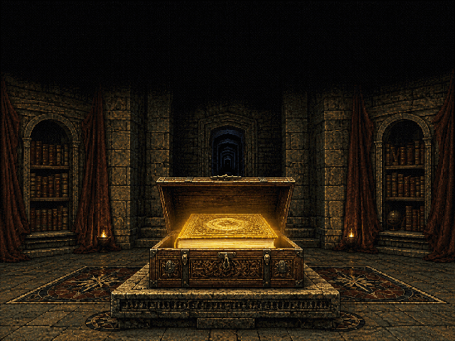 An open treasure chest containing a glowing encyclopedia